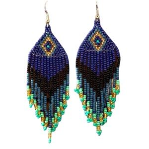 Boho Beaded Fringe Earrings – Blue Teal Black Statement Dangle